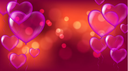 Red balloons, heart balloons transparent banner template Celebration background template with confetti with bokeh effect and  party balloons のイラスト素材