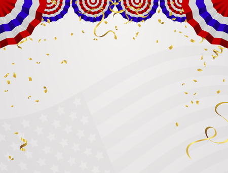 4 of July USA Independence Day. Abstract holiday frame with place for text. Vector white background with fireworks, flags and air balloons.のイラスト素材