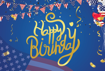Happy birthday America lettering  Hand drawn invitation design confetti and gift box, design template for birthday celebrationのイラスト素材