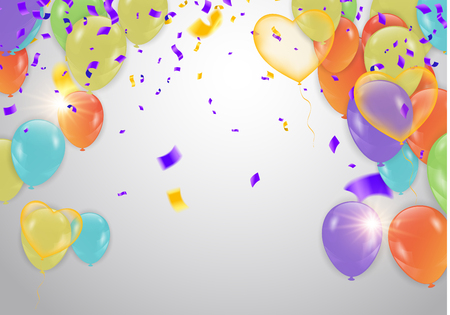 Happy New Year text, lettering for greeting cards, banners, posters, isolated vector illustration with balloons. Confetti and ribbons flag ribbons, Celebration background templateのイラスト素材