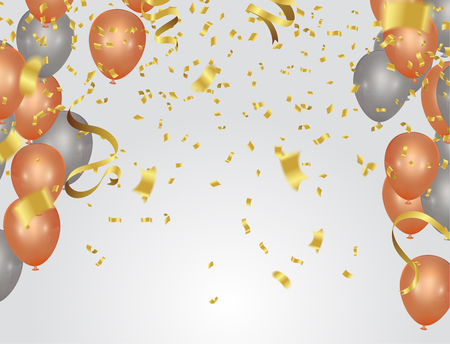 Happy New Year text, lettering for greeting cards, banners, posters, isolated vector illustration with balloons. Confetti and ribbons flag ribbons, Celebration background templateのイラスト素材