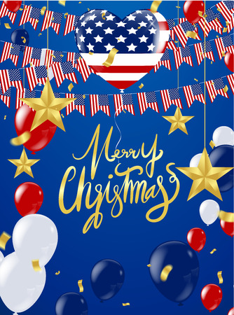 Merry Christmas Calligraphic Inscription Decorated with balloons. Confetti and ribbons flag ribbons, Celebration background templateのイラスト素材
