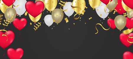 Valentine's day ,Template Realistic Air Balloons in the Form of Heart. Vector Illustration with Confetti and Serpentineのイラスト素材