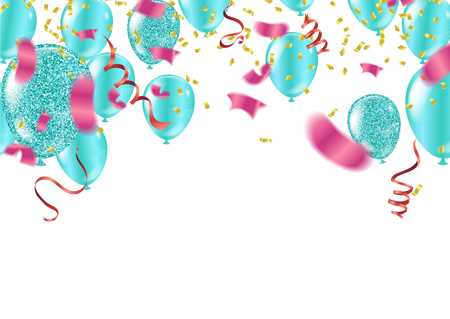 Blue ribbons with confetti isolated on white background. illustration of holidays Balloons, Serpentines and Confetti and Happy Birthday Text. Vector Illustrationのイラスト素材