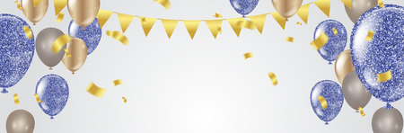 Party balloons Happy birthday illustration celebration background template with confetti and ribbons with place for your messageのイラスト素材