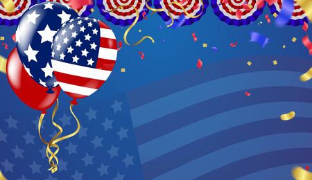 4th of july usa independence day, vector template with american flag and colored balloons on blue shining starry background. Fourth of july, USAのイラスト素材