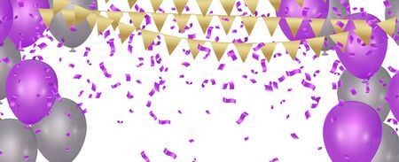Stock vector illustration party flying purple and various colors realistic balloons. Defocused macro effect. Templates for placards, banners. New Year Funky Decoration. Hipster Seasonal Sale Confettiのイラスト素材