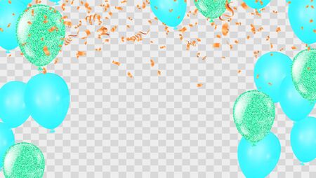 Green balloons with gold flags and confetti, party invitation.のイラスト素材
