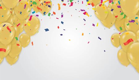 Gold balloons and Celebration background template with confetti and gold ribbonsのイラスト素材