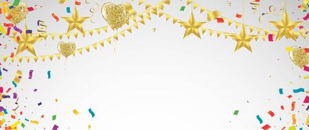 Colored confetti and balloons on the checked background. vector file.のイラスト素材