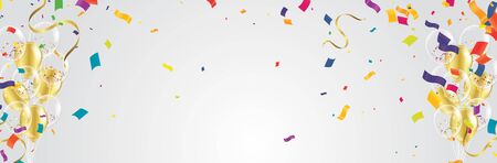 Confetti background with Party poppers and air balloons isolated. Festive vector illustrationのイラスト素材