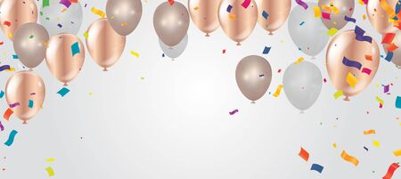 Confetti background with Party poppers and air balloons isolated. Festive vector illustrationのイラスト素材