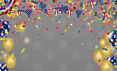Confetti background with Party poppers and air balloons isolated. Festive vector illustration, USAのイラスト素材