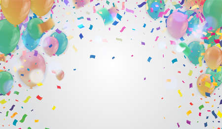 Gold  balloons, confetti, flag and party popper on white background. Vector illustrationのイラスト素材