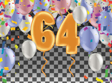 64 years anniversary and birthday with template design on background colorful balloon and colorful tiny confetti pieces for celebrationのイラスト素材