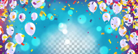 Celebratory seamless banner - white, yellow, glitter gold balloons and golden foil confetti. Vector festive illustration. Holiday design.のイラスト素材