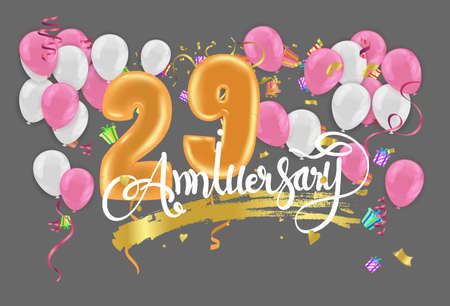 29th Anniversary celebration. Golden numbers with sparkling confetti and Balloonのイラスト素材