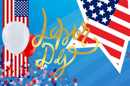 Colored confetti and balloons on the checked background.のイラスト素材