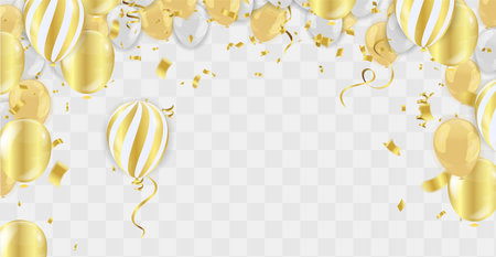 Falling gold coins and balloons . Rain from golden coins. Coins with dollar sign isolated on white backgroundのイラスト素材