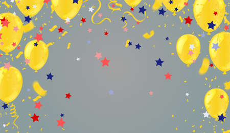 yellow gold balloons illustration confetti and ribbons flag Celebration background template typography for greeting card, festive poster etcのイラスト素材