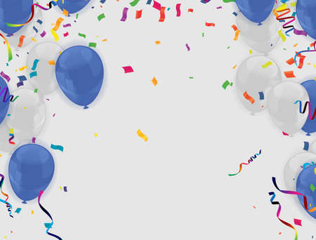 Bright holiday background with dark blue and white balloons, flag and confetti. Place for text. Raster version.のイラスト素材