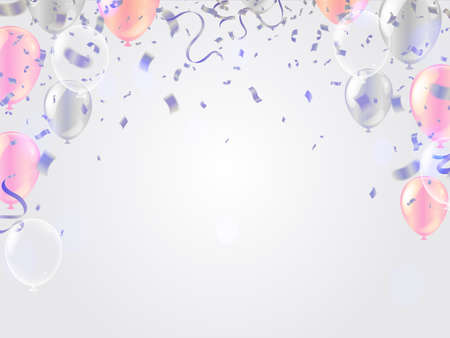 Happy Birthday balloons pink and silver color celebration background with confetti.のイラスト素材
