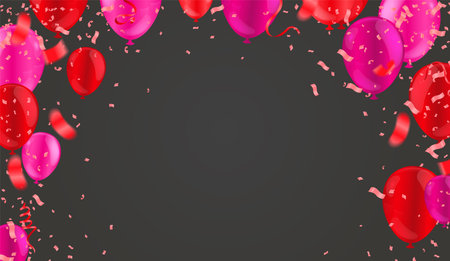 Happy Birthday balloons pink and red celebration background with confetti.のイラスト素材
