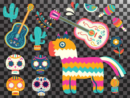 Cinco de Mayo federal holiday in Mexico. Fiesta banner and poster design with flags, flowers, decorations, Vector template with traditional Mexicanのイラスト素材