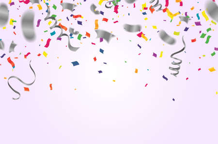Many Falling Colorful Tiny Confetti And Ribbon Isolated On Background. Vector. Multi coloredのイラスト素材