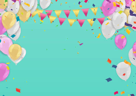 color balloons, confetti and with space for text - raster  design template holiday Happy Day, background Celebration Vector illustration.のイラスト素材