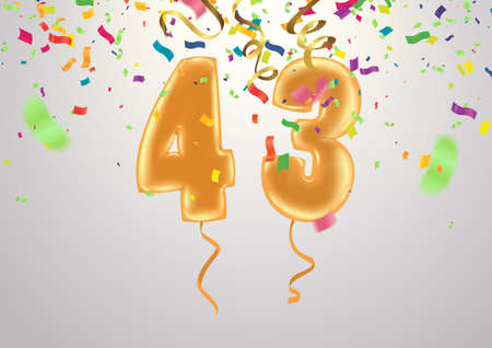greeting card for forty three year Happy birthday number 43 in fun art style with party confetti. Anniversary invitation, congratulations or designのイラスト素材