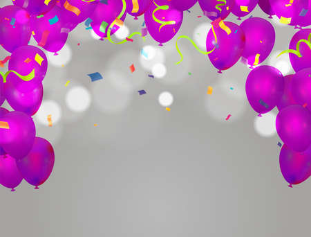Balloons birthday. Happy congratulation celebrating anniversary luxury party shiny purple  balloon banner posterのイラスト素材