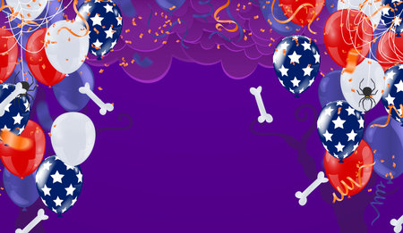 Happy Halloween banner or party invitation background with night  Vector illustration. spiders web and flying bats. Place for textのイラスト素材