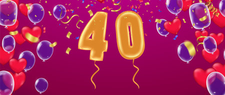 greeting card  Happy birthday number 40 in fun art style with Balloons party confetti.のイラスト素材