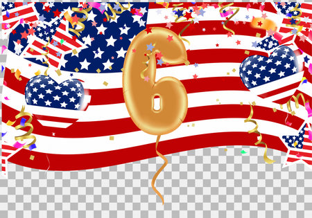 greeting card  Happy birthday number 6 in fun art style with Balloons party confetti.のイラスト素材