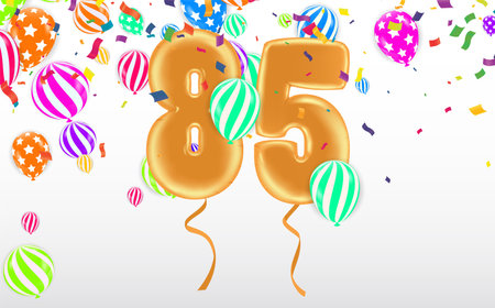 85 birthday Happy birthday, congratulations poster. Balloons numbers with sparkling confetti ribbon, glitter brightのイラスト素材