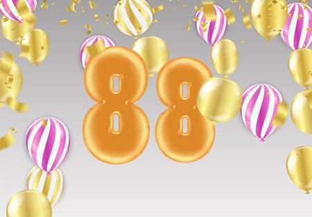 88 birthday Happy birthday, congratulations poster. Balloons numbers with sparkling confetti ribbon, glitter brightのイラスト素材