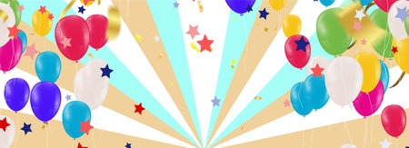 Illustration of balloons and confetti with sunburst in the backgroundのイラスト素材