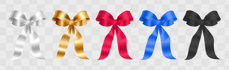 Set of realistic satin ribbon bows in different colors. Vector illustration.のイラスト素材