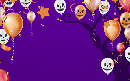 halloween party balloons with confetti in background vector. realistic vector illustration for anniversary, birthday, sale and promotion, party design element.のイラスト素材
