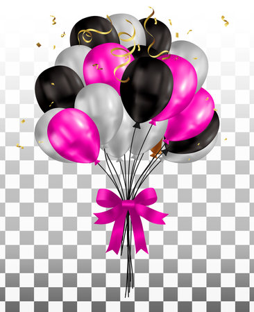 Glossy Happy Birthday Concept with Balloons isolated on transparent background. Vector Illustration , white,black, pinkのイラスト素材