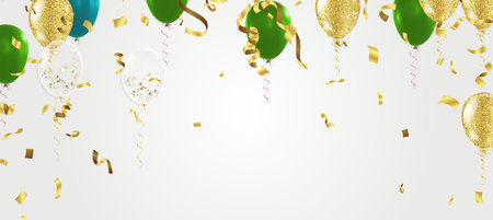 Bunch of colorful birthday balloons with stars and colorful buntings flags on blue background. Vector.のイラスト素材