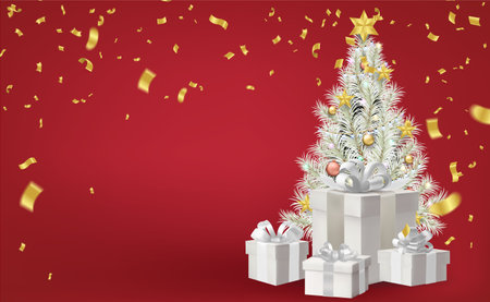 Christmas white tree with gift boxes and golden confetti on red background.のイラスト素材