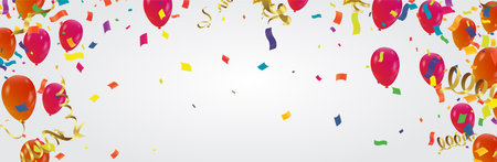 Celebration banner background with  confetti and red orange balloons and joyful mood. Christmas, New Year, birthday or wedding celebrationのイラスト素材