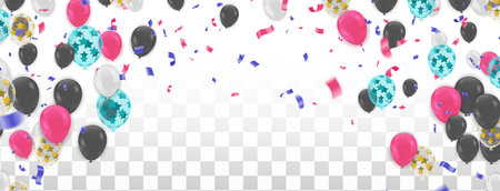 Merry Christmas and Happy New Year background with balloons and confetti. Vector illustration.のイラスト素材