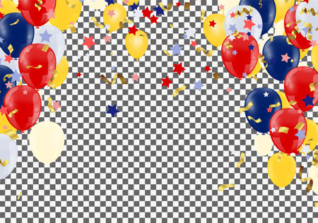 Celebration banner background with  confetti and variety of colors balloons and joyful mood. Christmas, New Year, birthday or wedding celebrationのイラスト素材