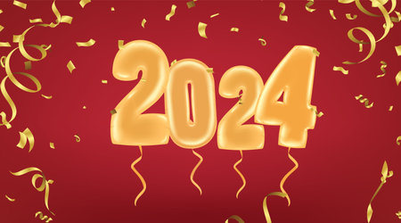 Happy chinese new year 2024 year of asian elements background. Golden Confetti Falling On red...