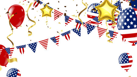USA Independence day poster with air balloons and with a garland from American flags. American Memorial Day celebration poster, vector illustrationのイラスト素材