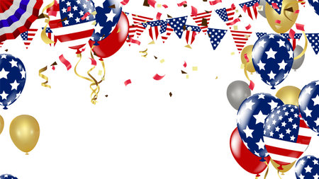 USA Independence day poster with air balloons and with a garland from American flags. American Memorial Day celebration poster, vector illustrationのイラスト素材