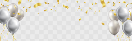 silver balloons, confetti and streamers on white background. Vector illustration Celebration templateのイラスト素材